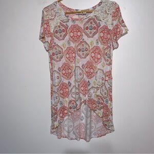 Cato Pink and Cream Patterned Lace Top Large